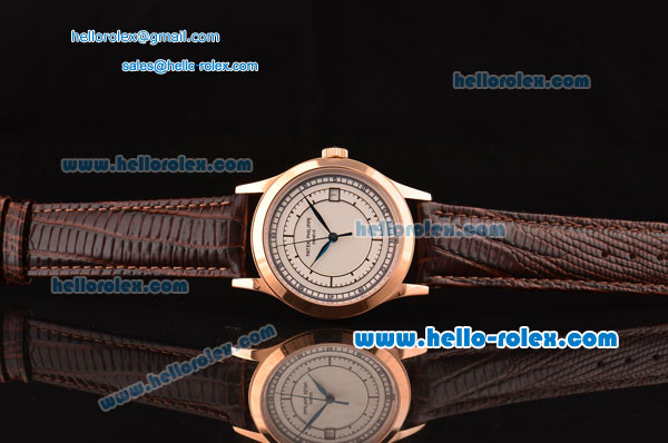 Patek Philippe Calatrava Swiss ETA 2824 Automatic Rose Gold Case with Brown Leather Strap and White Dial - Click Image to Close